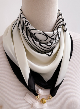 黑白条纹磁吸扣小方巾丝巾女春秋夏季搭配衬衫职业护颈脖子薄围巾