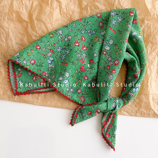 绿色法式 小方巾丝巾女三角包头防晒护颈围脖子扎头发带纱巾薄围巾