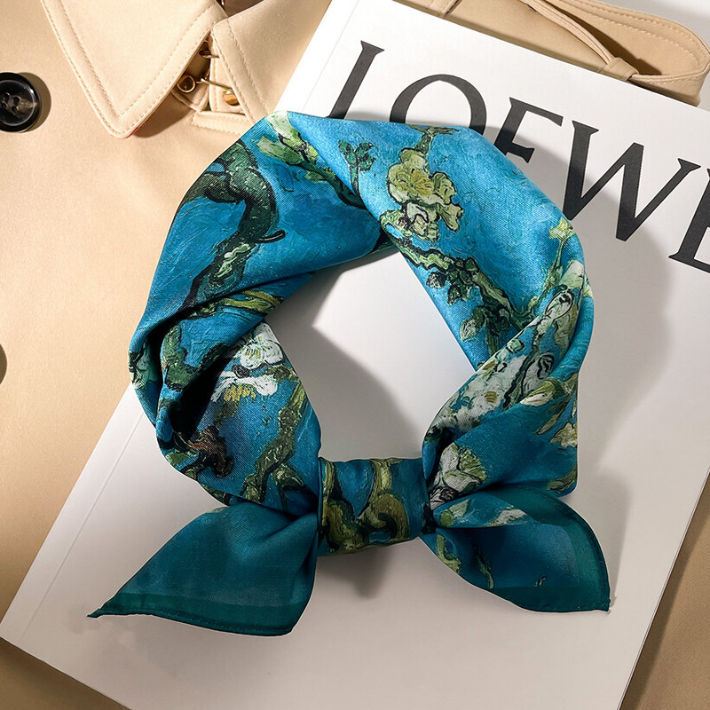 绿色油画小方巾丝巾女四方正方形纱巾职业装空姐护颈围脖子薄围巾