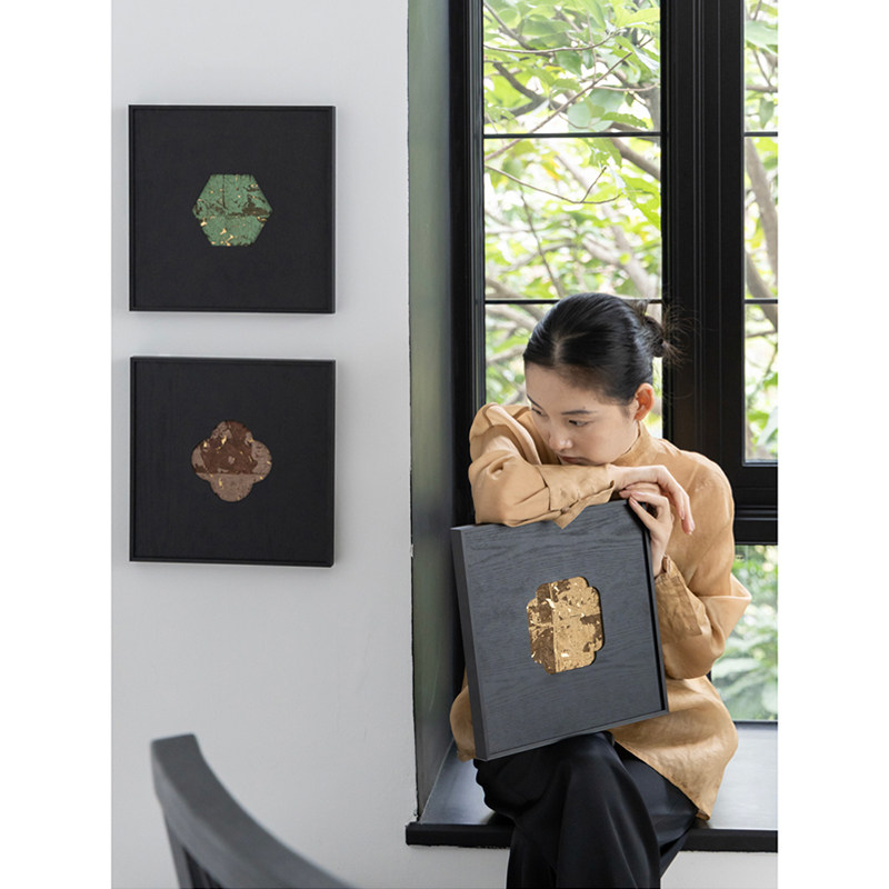 若奈挂画 真金箔《富贵花窗》手工装饰组画新中式传统窗格好寓意