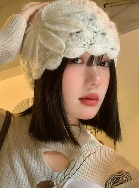 春秋双层手工钩花毛线帽子女小众