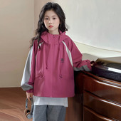 时髦休闲粉色冲锋衣 女孩韩版 女童外套春秋新款 大童洋气连帽夹克衫