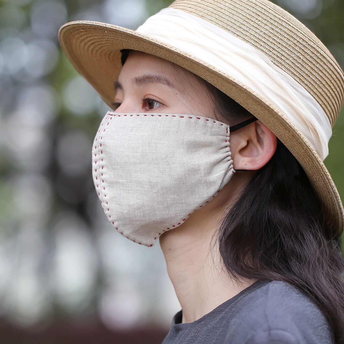 手工缝线细节感双层汉麻口罩原纱防晒女夏季遮脸防紫外线轻薄透气