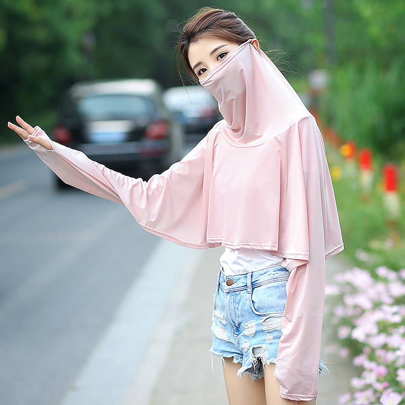 柔滑冷感防晒衣面罩一体女薄夏天斗篷骑车开车挂耳遮脸护脖子户外