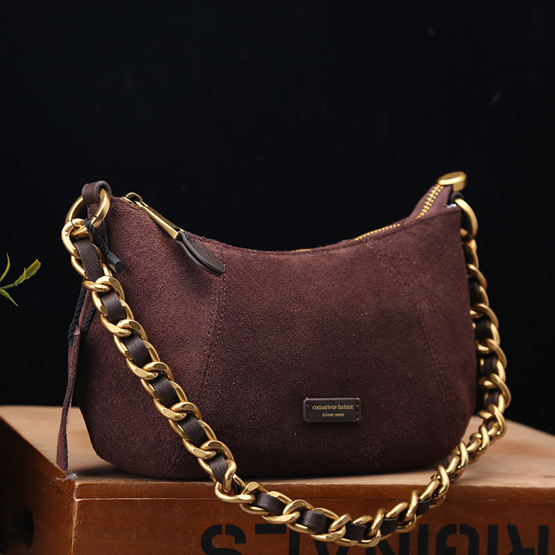 复古磨砂牛皮女包2025新款链条腋下包女百搭时尚法棍包单肩斜挎包