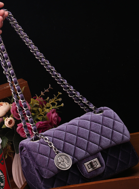 小D家2025新款高级感菱格链条小方包女紫色丝绒大容量百搭斜挎包