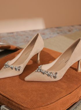 7333C-132小V口绒面水钻细跟高跟鞋女鞋气质单鞋浅口气质职业通勤