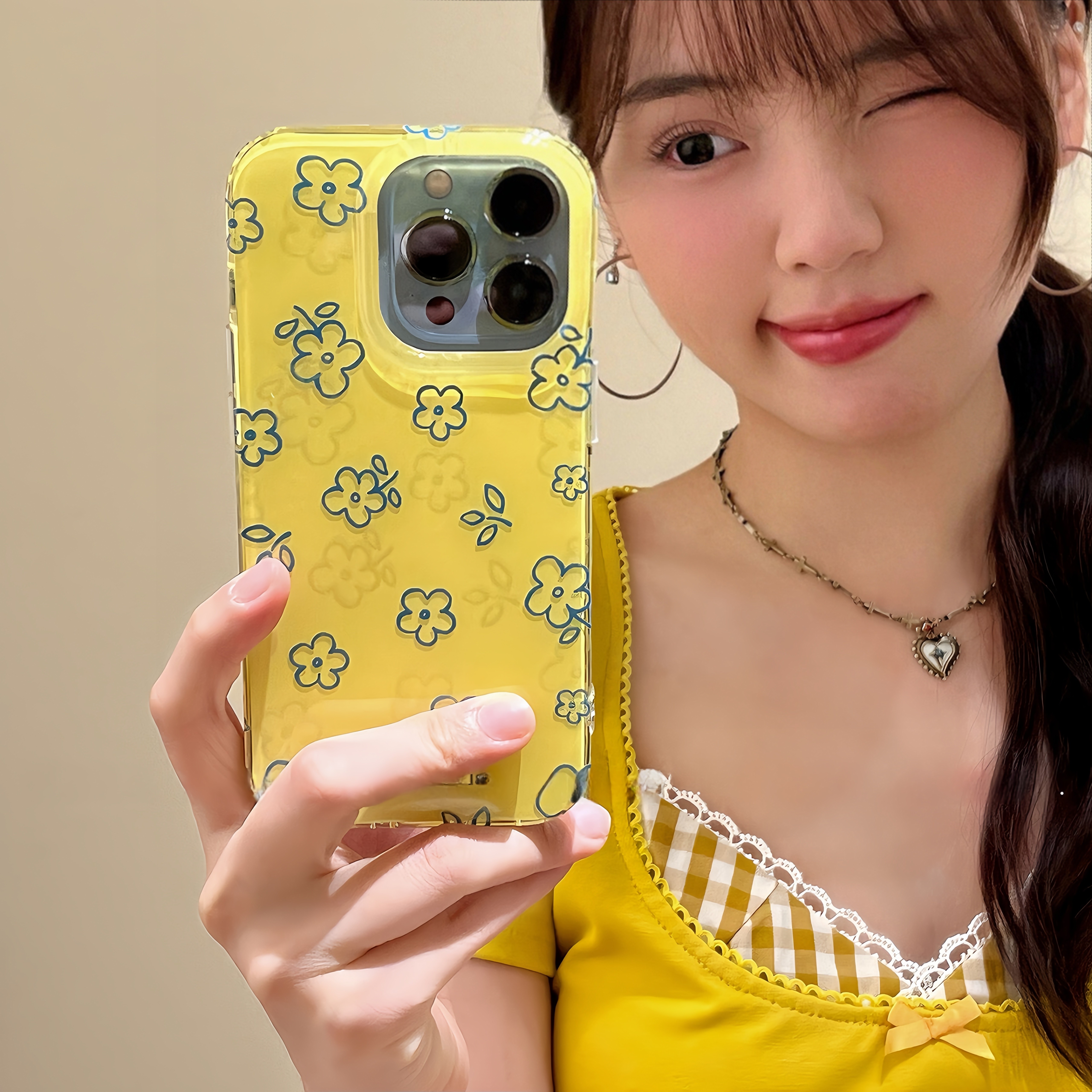 新款韩风ins小众简约撞色黄色小花适用苹果17Promax简约艺术16Pro少女心15全包保护套14防摔手机壳女13小清新
