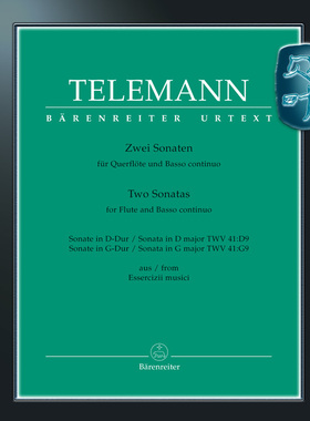 骑熊士原版 泰勒曼 两首奏鸣曲 长笛和低音通奏 Telemann Two Sonatas for Flute and Basso continuo TWV 41:D9, 41:G9 BA05890