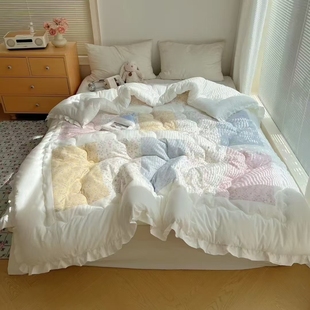 小韩版百福被40s细纱棉拼接高温砂洗鹅绒棉花边款绗缝一体春秋被