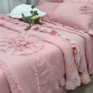 韩国进口高纱织细纱抗菌纤维植物印染立体盘花绗缝多用被床盖四件