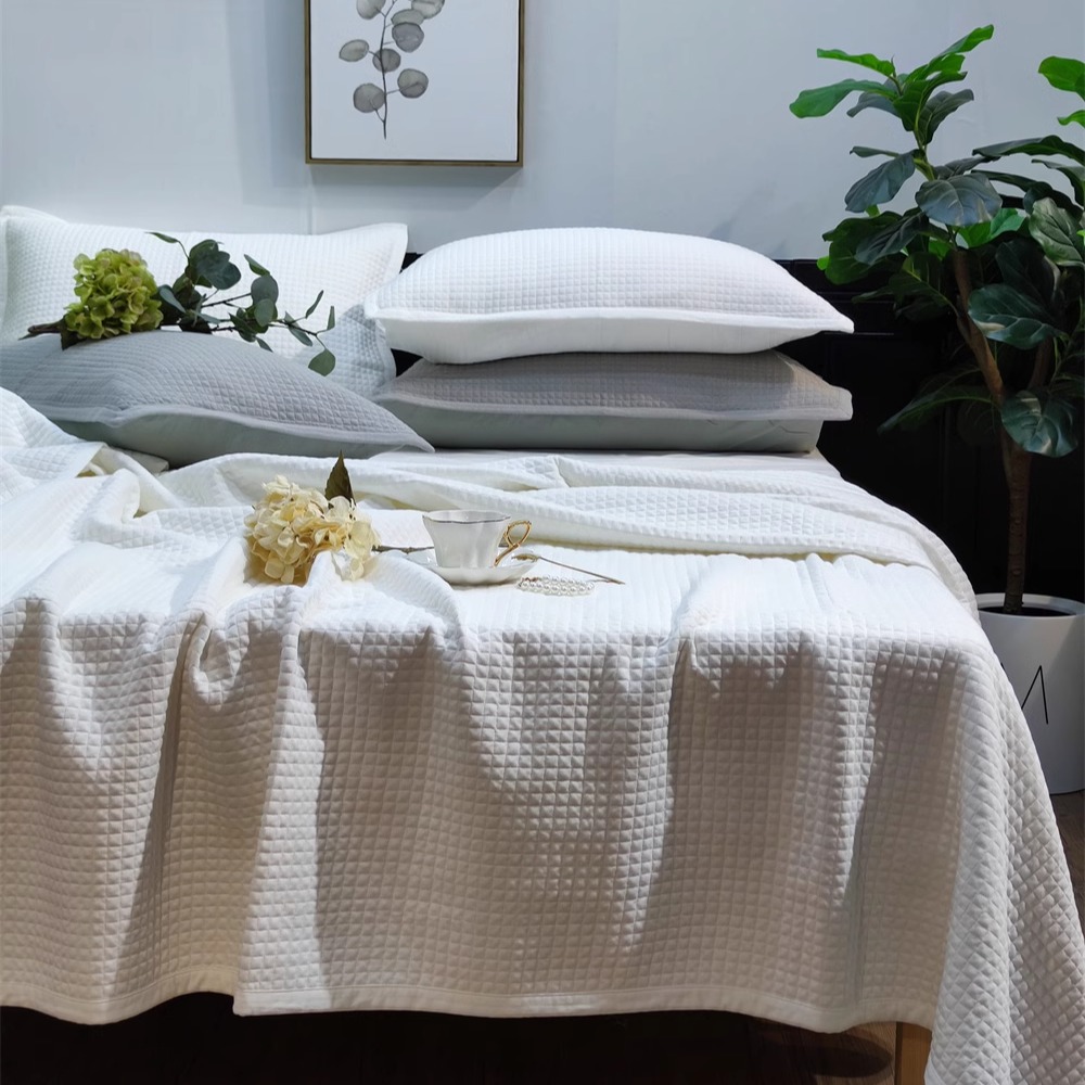 纯棉色织针织棉天丝绗缝小方格简单生活超柔软床盖盖毯枕套三件套