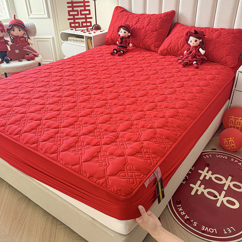 A类高档结婚庆全棉床笠单件大红色纯棉床垫保护套四季通用床笠罩