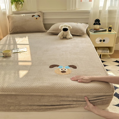 冬季加厚牛奶绒夹棉床笠单件加绒床套席梦思床垫套儿童珊瑚绒床单