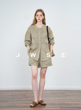 JWSZ极简松弛感石茶色亚麻重工绳绣衬衫/松紧腰短裤套装