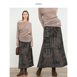 JWSZ 复古藏式艺术印花设计感A字半身裙