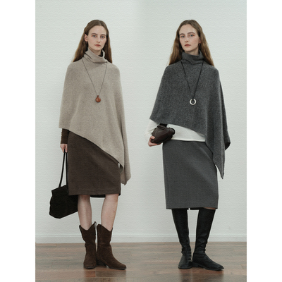 JWSZ“造型神器”羊驼羊毛静奢老钱斜织不规则高领斗篷毛衣披肩