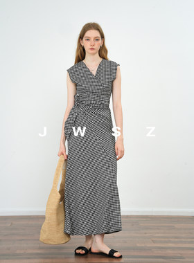 JWSZ“不费力穿搭”不规则一片式设计系带收腰显瘦V领格子连衣裙