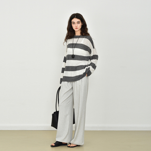 JWSZ 早秋慵懒 亚麻条纹撞色针织衫镂空宽松长袖上衣