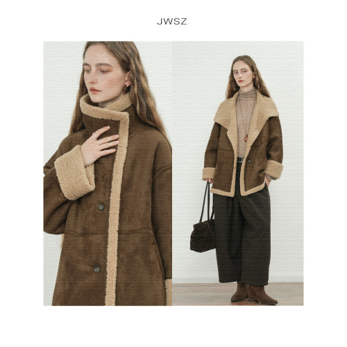 JWSZ“牧野游人”环保皮毛一体廓形大翻领颗粒羊羔毛麂皮外套