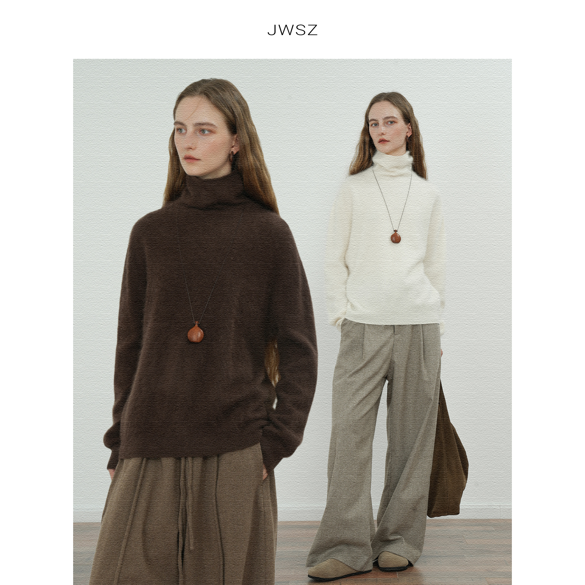 JWSZ 调色朦胧纱 羊绒羊毛拉绒油画感堆堆领圆无缝一体针织衫毛衣