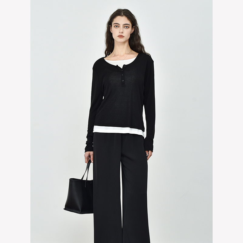 JWSZ 假两件长袖t恤女设计感感拼色高级打底衫上衣