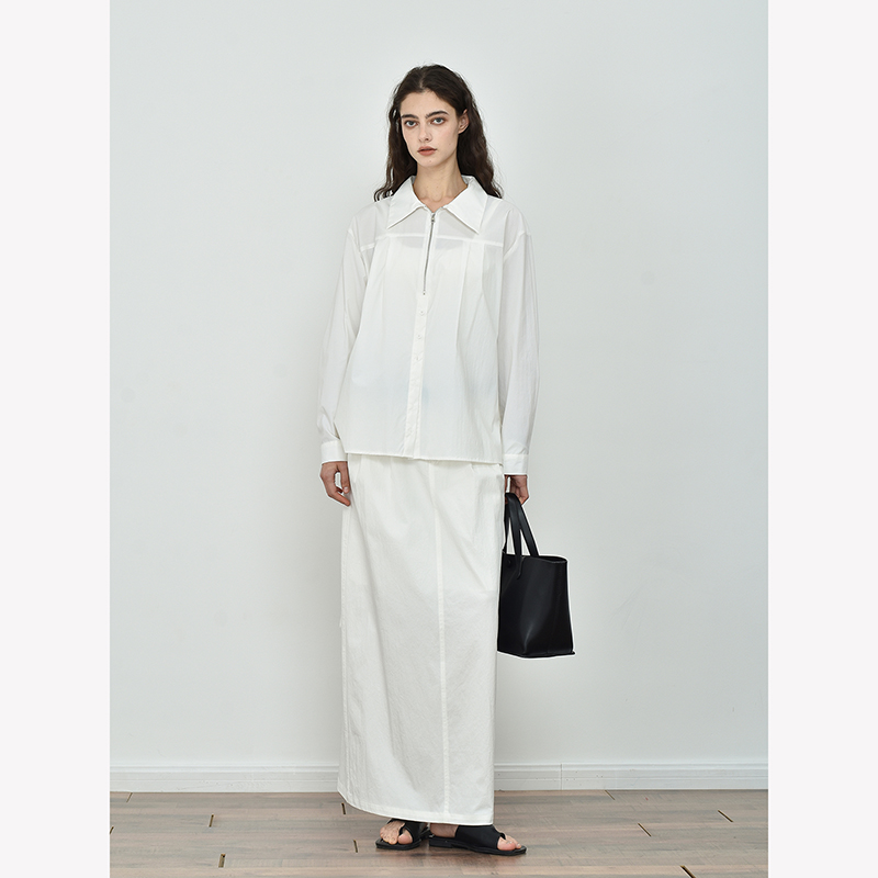 JWSZ 轻盈舒适 半拉链拼接纽扣设计感收腰衬衫