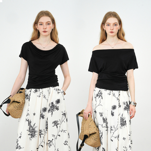 JWSZ 精品天丝羊毛荡领/斜肩/一字肩捏褶收腰短袖T恤