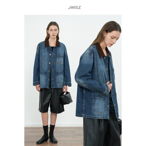 JWSZ“菲林日记”复古做旧水洗灯芯绒拼接撞色廓系单宁牛仔外套女