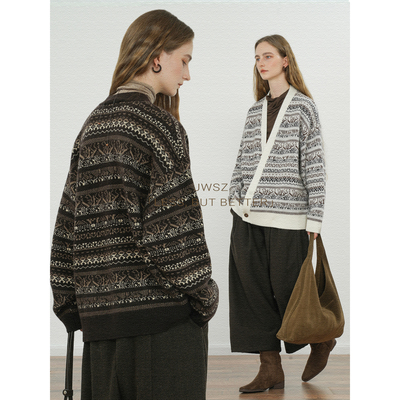 JWSZ 重磅绵羊毛费尔岛提花Y字门襟一粒扣V领毛衣开衫