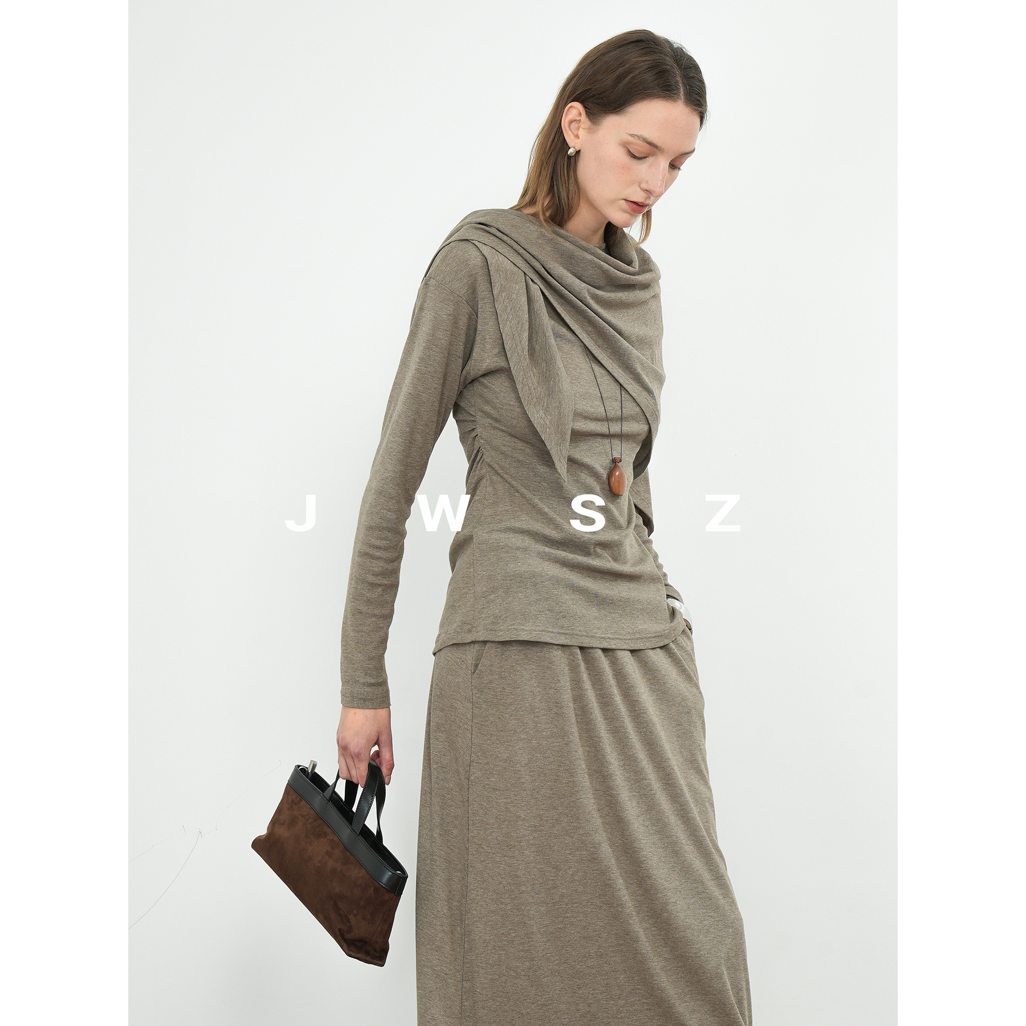 JWSZ 超柔0压感多穿法褶皱上衣+半身裙+围巾3件套