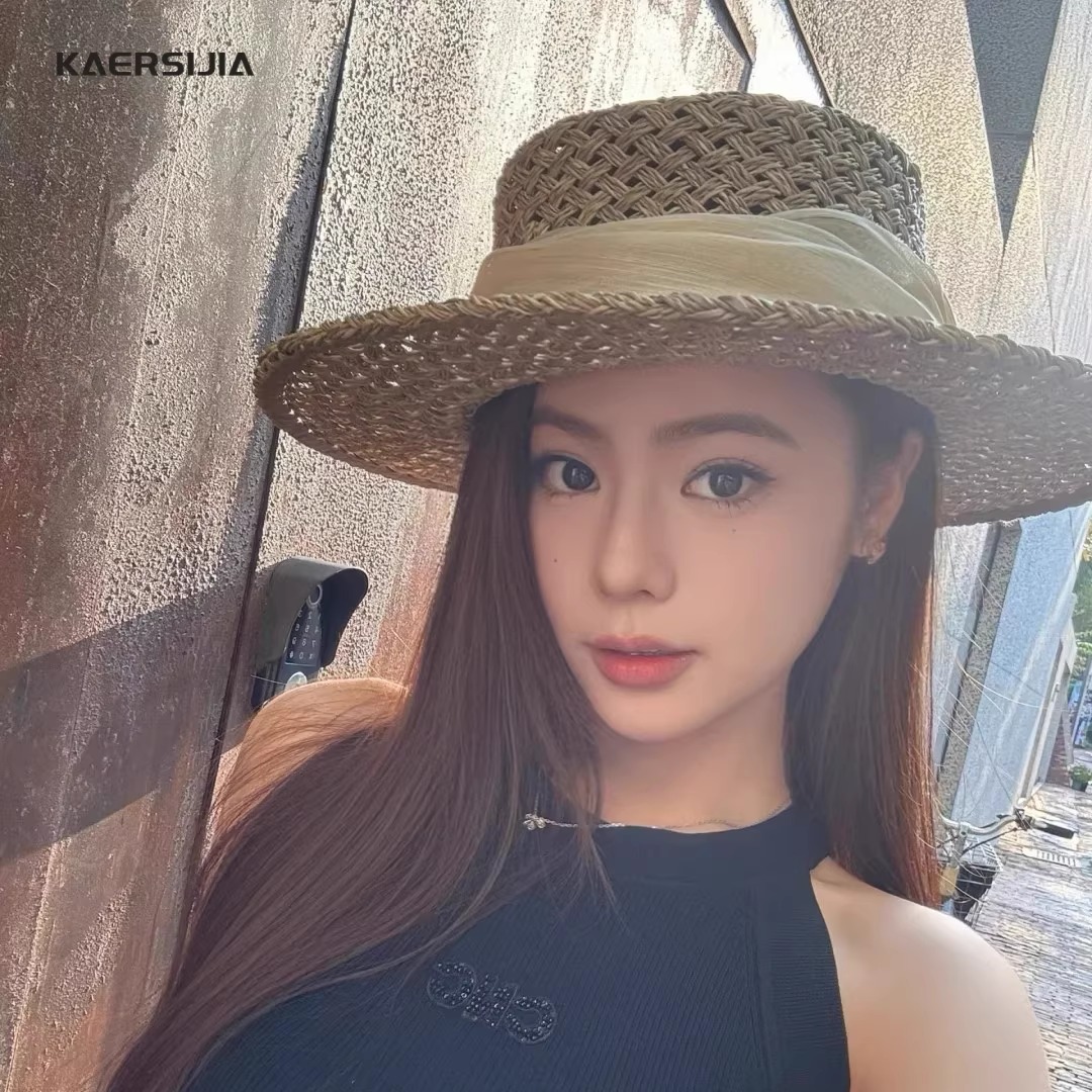 高端定制法式复古夏季咸水草编亚麻缎带礼帽女度假平顶草帽轻奢帽