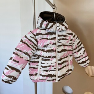 LEFAVOLE2025冬新款斑马纹粉色印花90白鸭绒儿童羽绒服羽绒外套潮
