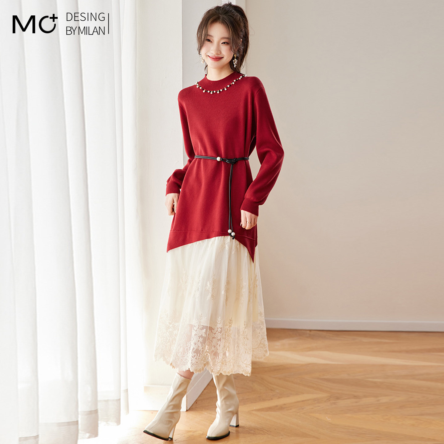 2025秋冬季蕾丝拼接假两件连衣裙女针织衫打底衫腰带中长款毛衣潮