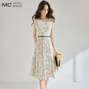 纯棉2026夏季新款时尚碎花连衣裙女高级感气质无袖压褶收腰A字裙