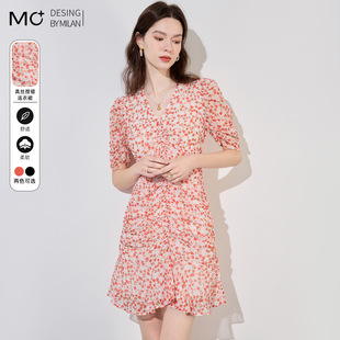 小个子雪纺碎花连衣裙女2025夏季新款法式超好看收腰中长款A字裙