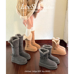 UGG牛皮版~灰色长筒雪地靴女秋冬季加绒保暖厚底中筒毛毛棉鞋高筒
