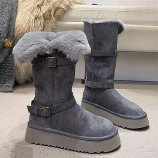 UGG灰色长筒雪地靴女2026冬季新款厚底中筒加绒东北棉鞋保暖高筒