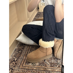 UGG桑坡2026新款皮毛一体棉鞋3CM厚底中筒保暖加厚毛毛雪地靴女冬