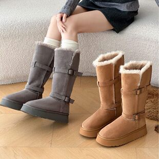 UGG厚底灰色雪地靴女冬季新款超高跟加厚绒增高搭扣长筒雪地棉鞋