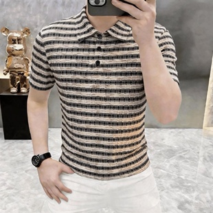 高档夏季男士简约条纹短袖T恤POLO衫时尚休闲百搭半袖体恤男装888
