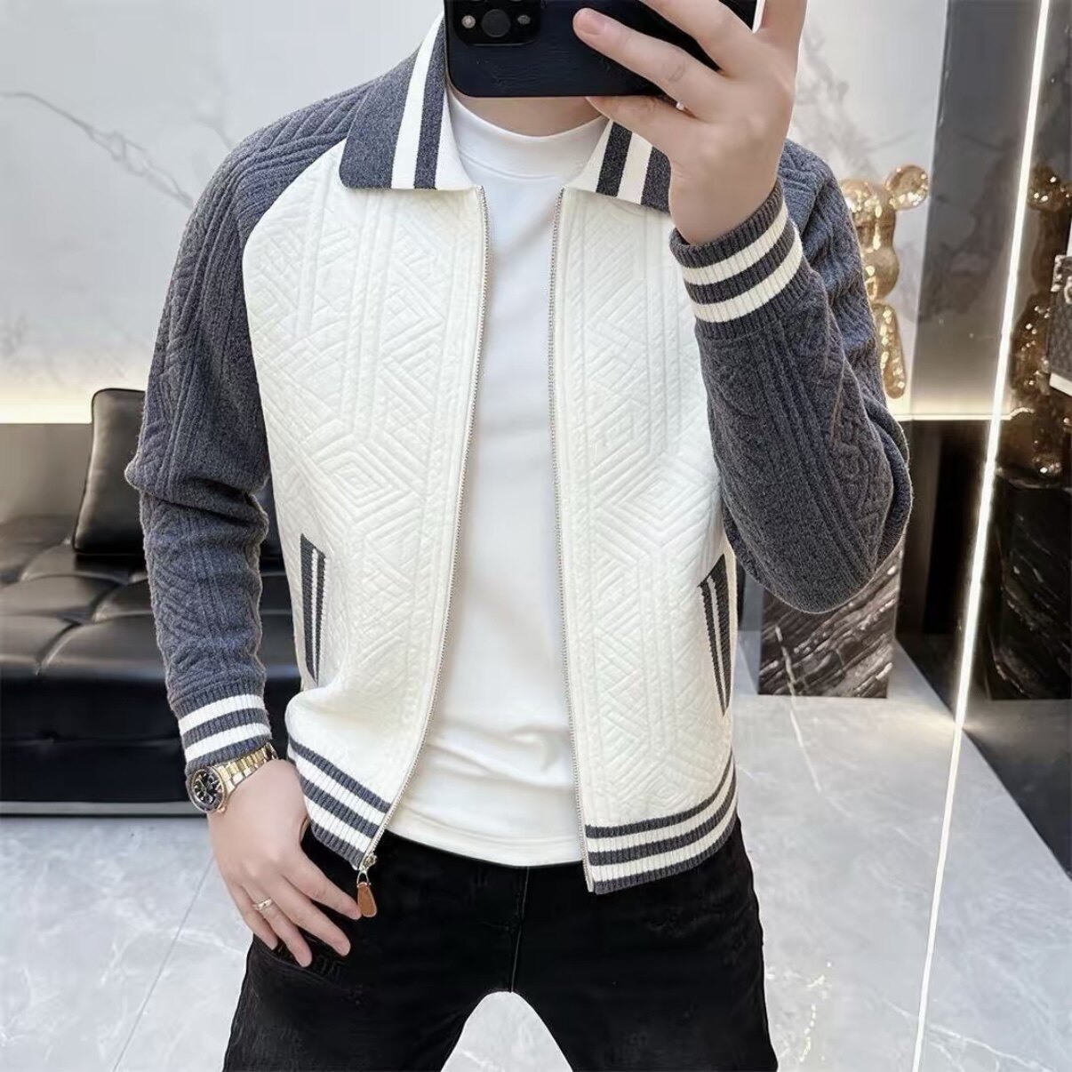 男士春秋新款立领拼色针织开衫潮流百搭休闲修身毛衣外套韩版