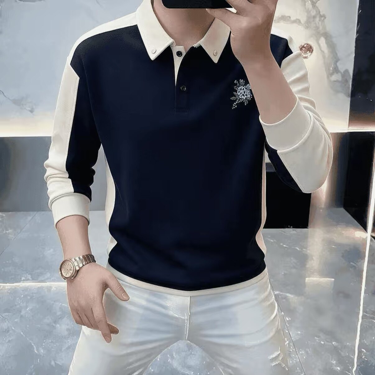 2026轻奢POLO领撞色刺绣男卫衣