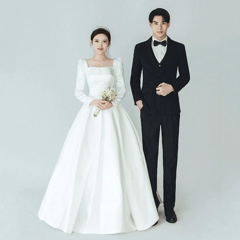 冬季缎面长袖轻婚纱2025新款新娘法式简约森系齐地出门纱白色礼服