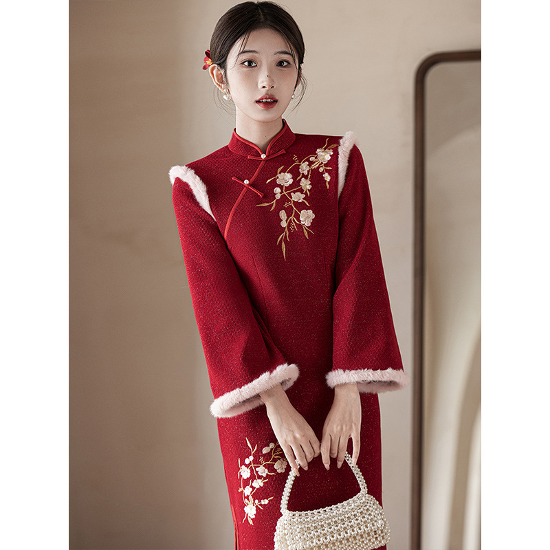 红色旗袍敬酒服新娘冬季加绒加厚保暖新中式刺绣秋冬结婚订婚礼服
