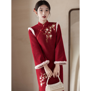 红色旗袍敬酒服新娘冬季加绒加厚保暖新中式刺绣秋冬结婚订婚礼服
