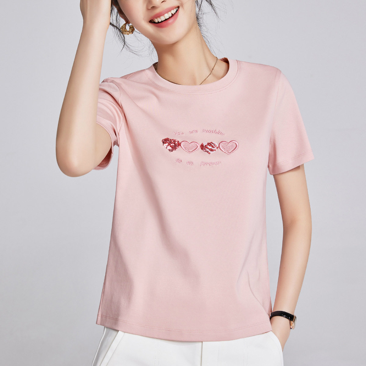 丝光棉女装减龄短袖T恤圆领爱心亮片刺绣设计感上衣2026夏季新款