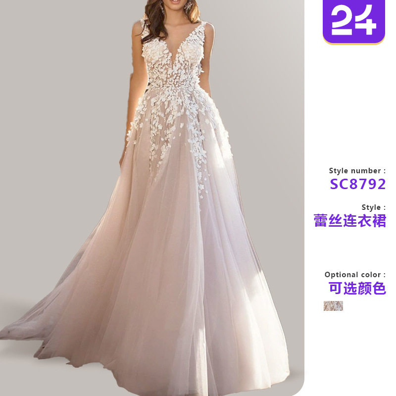 2025跨境夏季新款欧美女装性感蕾丝连衣裙无袖深V领婚纱绣花 长裙