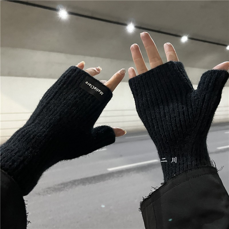 针织毛线手套女秋冬季保暖露指触屏学生写字骑行防寒加厚韩版ins