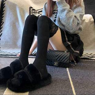 新款秋季蕾丝拼接过膝长筒袜长女日系甜美竖纹显瘦纯欲风大腿袜jk